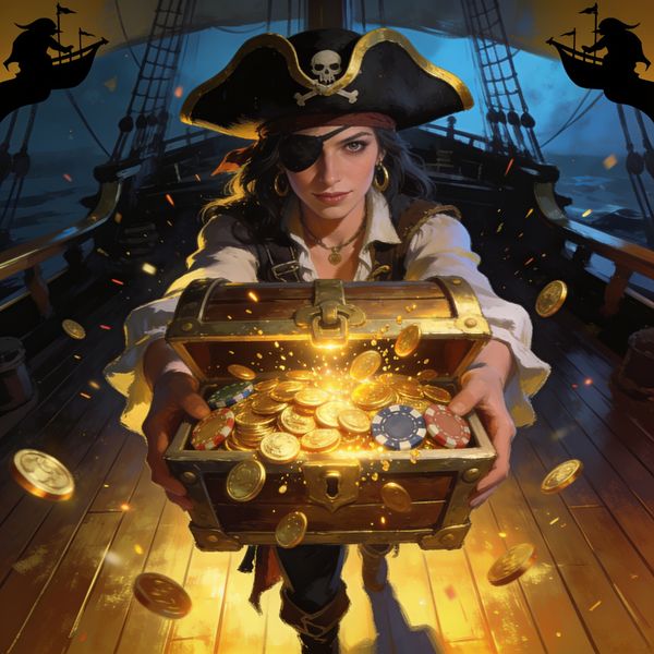 Pirate host presenting a treasure chest overflowing with gold coins on a ship deck, FatPirate welcome bonus
