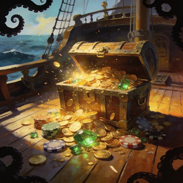 Open treasure chest spilling gold coins and casino chips on a polished ship deck, warm golden glow with painterly brushstrokes