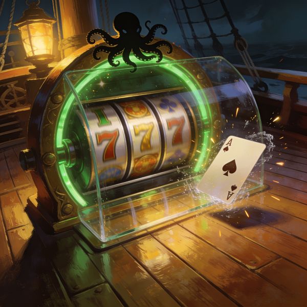 Slot reel mid-spin behind glass with a playing card frozen in motion, warm golden casino glow on ship deck