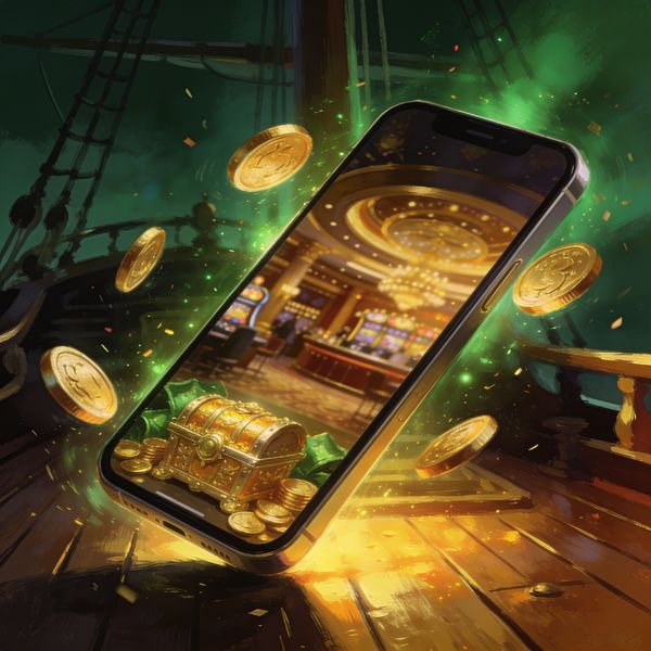 Smartphone at cinematic angle with orbiting gold coins, blurred casino lobby on screen against dark ship-deck background