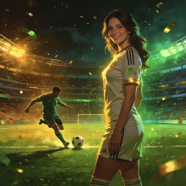 Woman in plain football kit on the pitch, friendly smile, footballer striking ball behind her in a stadium