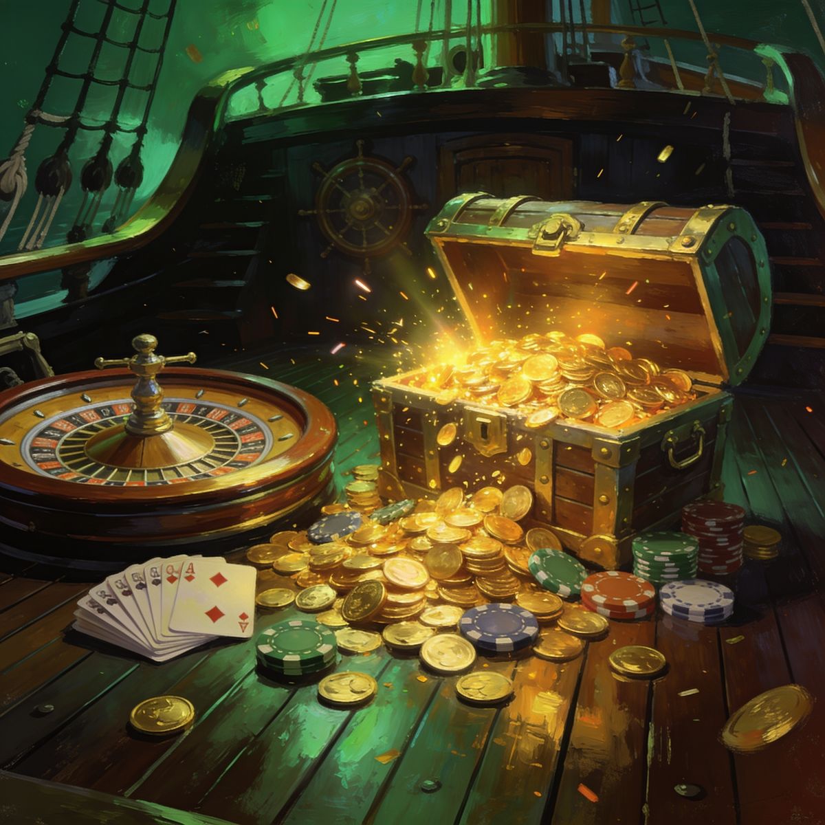 Open treasure chest spilling gold coins and casino chips on a polished dark wood ship deck, roulette wheel and playing cards nearby