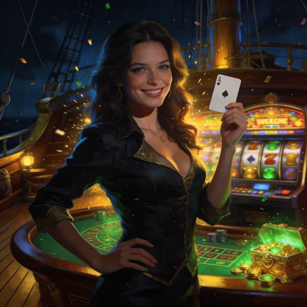 Attractive casino host with a friendly smile holding a playing card, blurred slot game behind her on a pirate ship deck