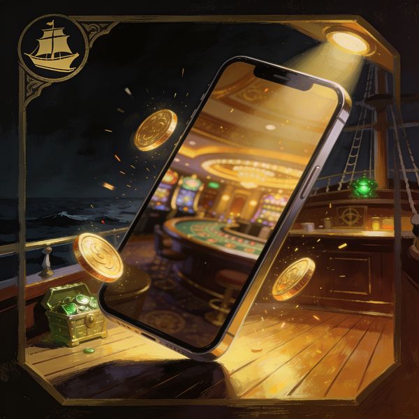 Smartphone displaying FatPirate mobile casino with gold coins orbiting around it, set against a ship-deck background