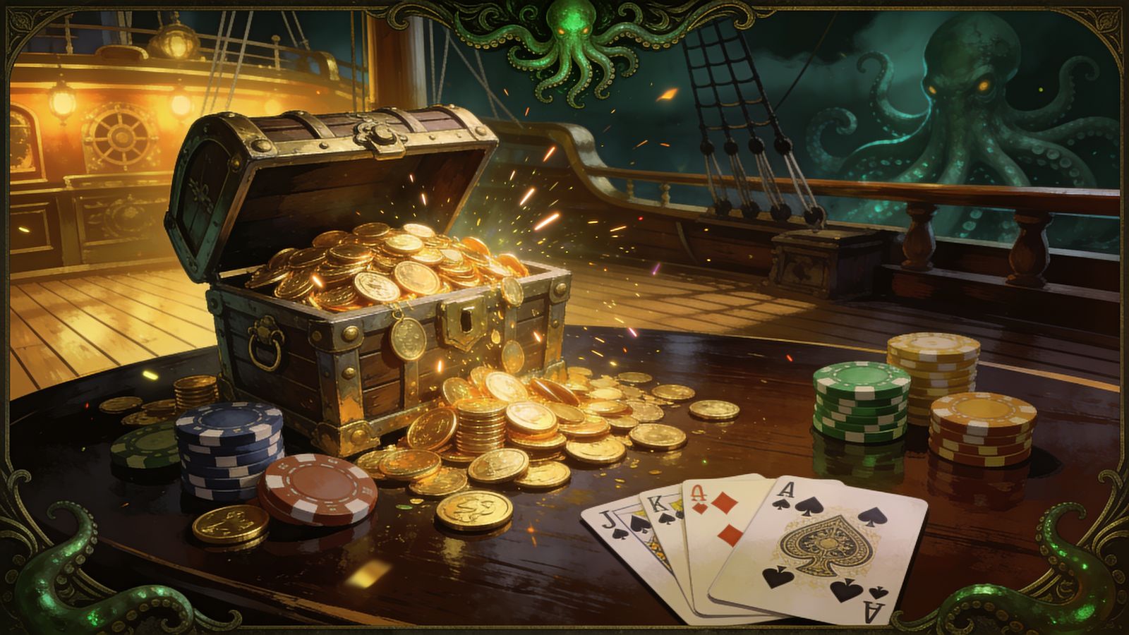 FatPirate casino treasure chest with gold coins and chips