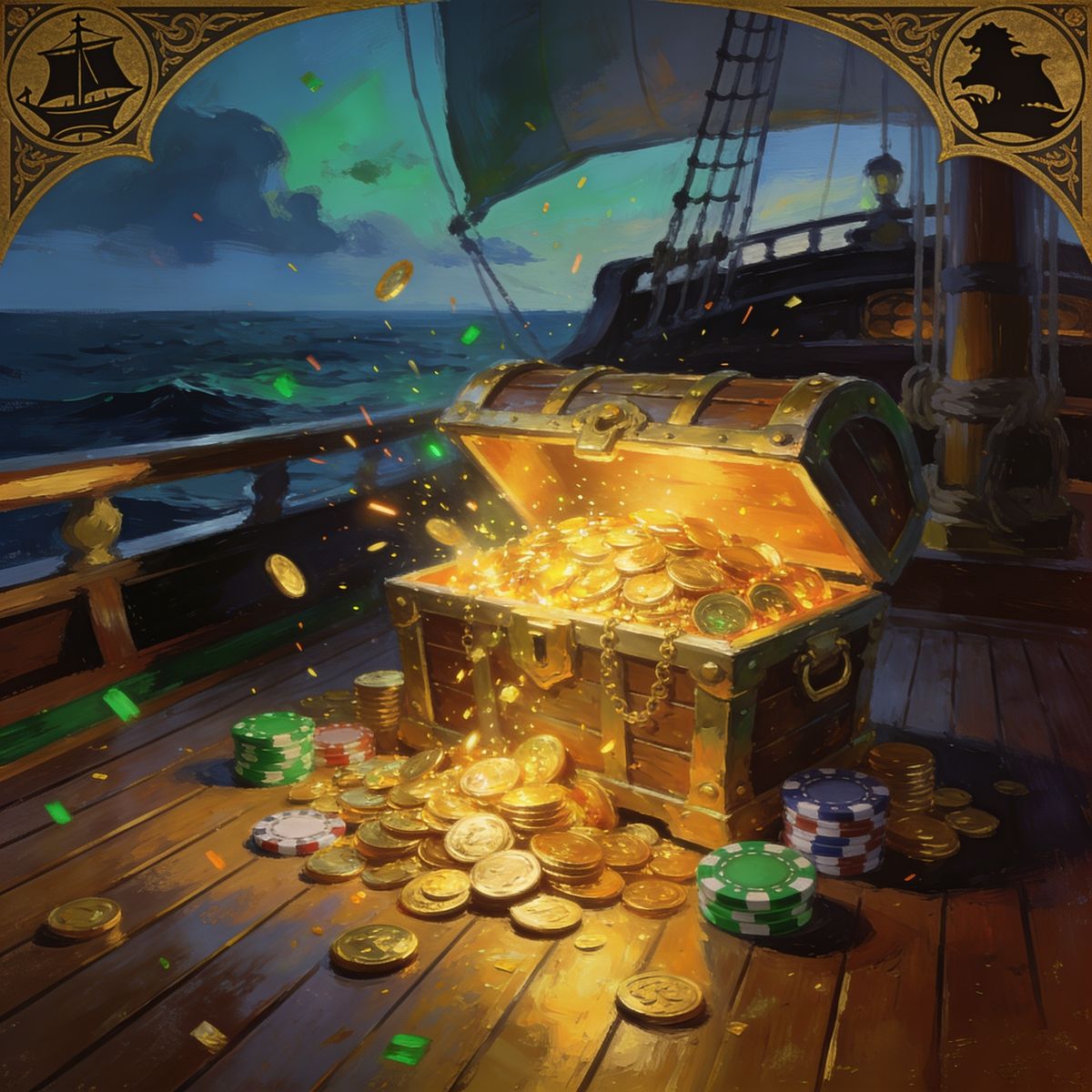 Open treasure chest spilling gold coins and casino chips on a warmly lit pirate ship deck